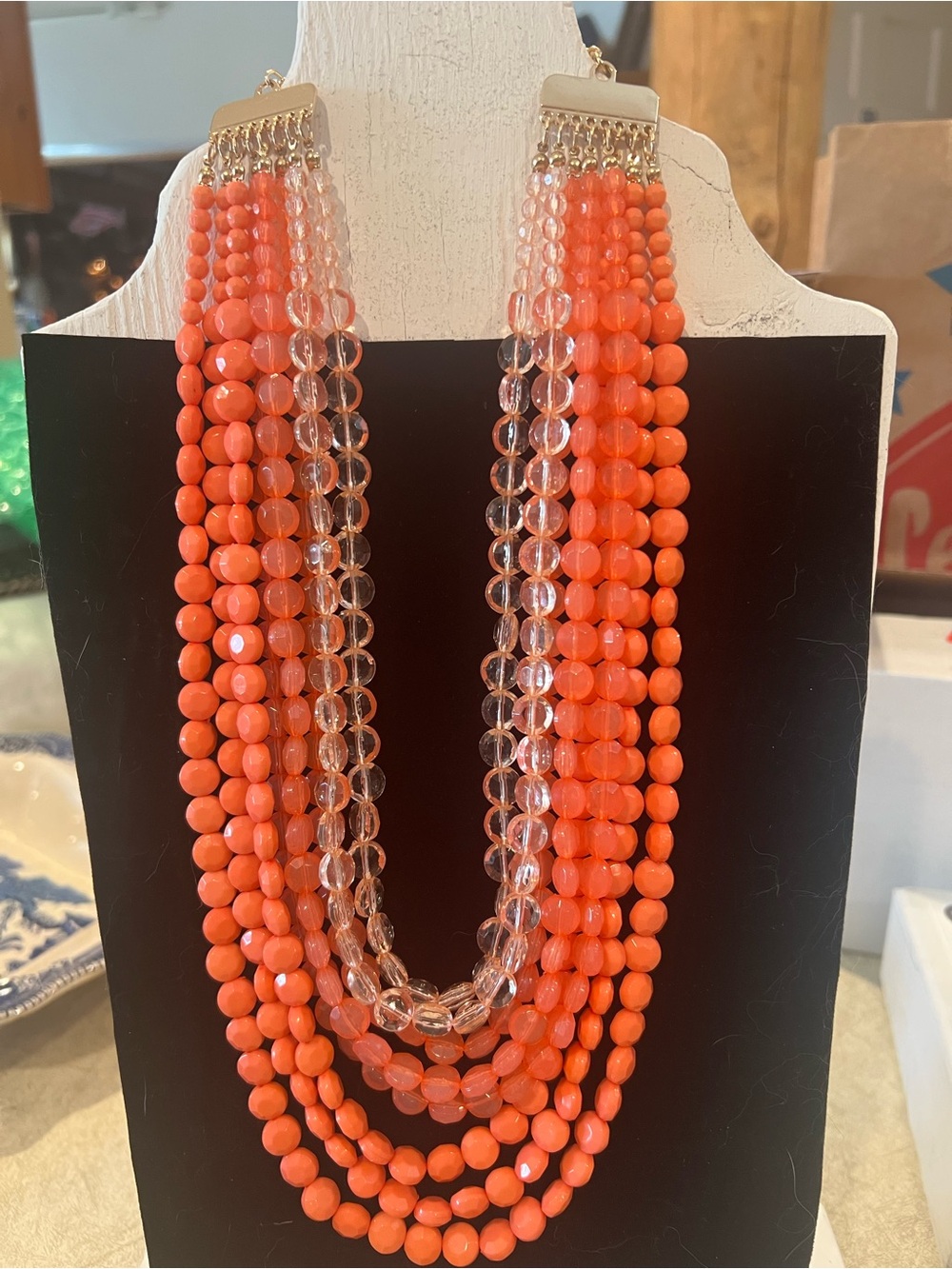 Multi-Strand Orange Beaded Statement Necklace.